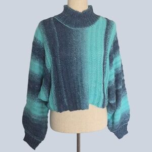 POL Cropped Mock Turtleneck Knit Sweater | Aqua Blue Striped | Small